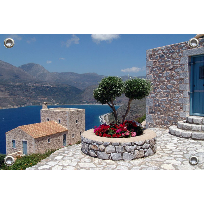 Tuinposter Grieks terras boven zee (5090.3029)