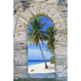 Tuinverruimer-Schuttingposter  - Doorkijk naar strand met palm (5054.1202)