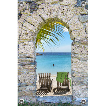 Tuinverruimer-Schuttingposter  - Doorkijk naar strand met stoelen (5054.1203)