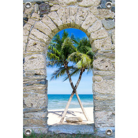 Tuinverruimer-Schuttingposter  - Doorkijk naar strand met palmbomen (5054.1204)
