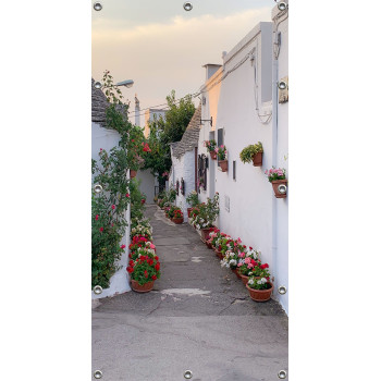 Schuttingposter-Tuinposter 90x180cm - Spaans straatje met Geraniums  (5054.1047)