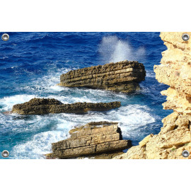 Tuinposter © Riny Verheij - Woeste golven beuken op de rotsen- Ibiza (6234.6491)